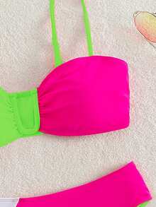Summer Beach Color Block Ruched Neon Bikini Set Bathing Suit - Multicolor - View 4