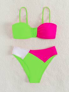 Summer Beach Color Block Ruched Neon Bikini Set Bathing Suit - Multicolor - View 5
