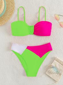 Summer Beach Color Block Ruched Neon Bikini Set Bathing Suit - Multicolor - View 6