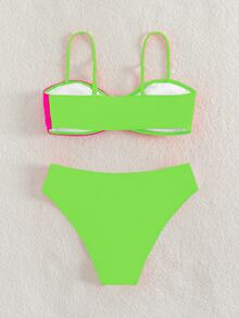 Summer Beach Color Block Ruched Neon Bikini Set Bathing Suit - Multicolor - View 7