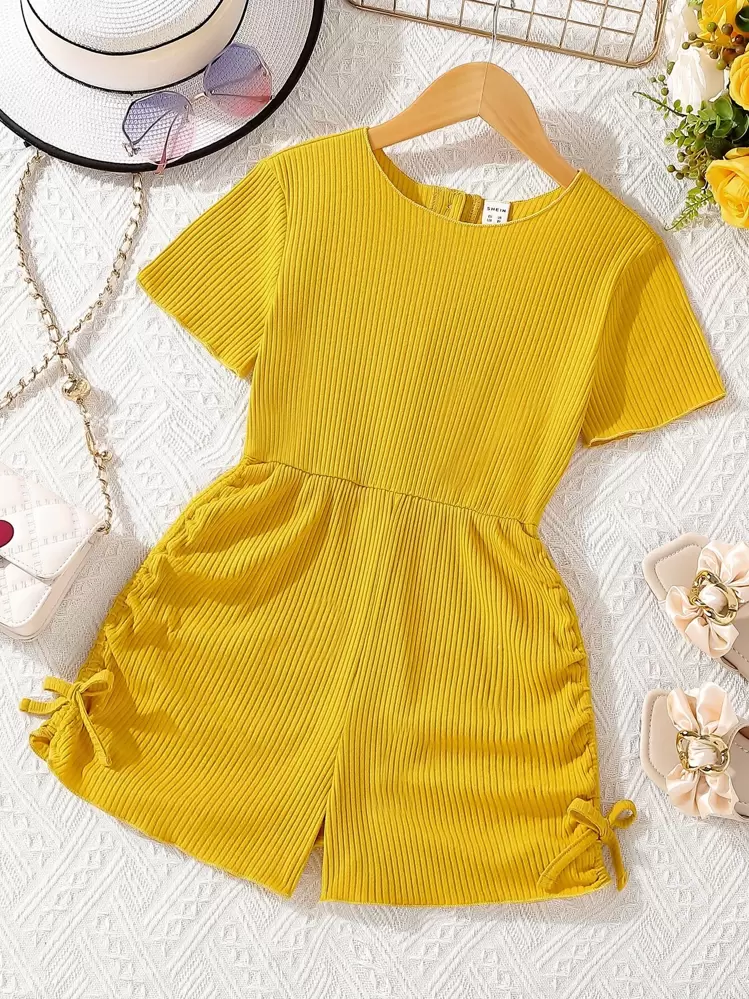 SHEIN Chicas Mono fruncido con nudo lateral tejido de canalé - Amarillo - Añade 1