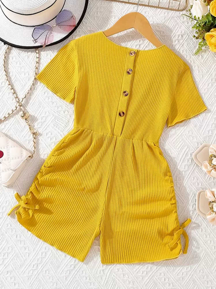SHEIN Chicas Mono fruncido con nudo lateral tejido de canalé - Amarillo - Añade 2