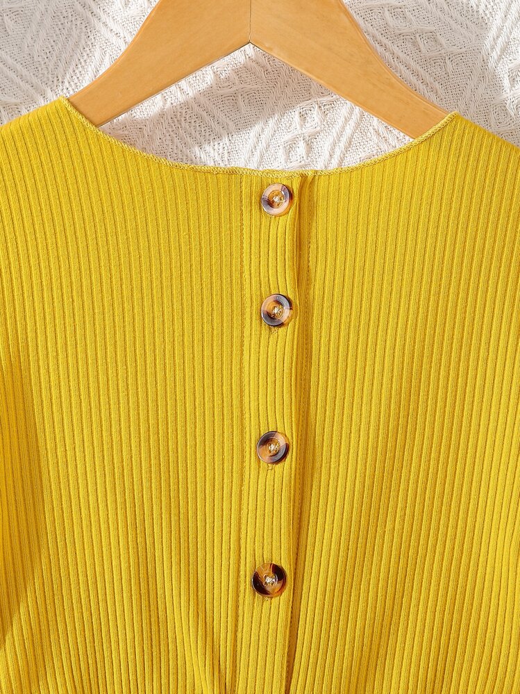 SHEIN Chicas Mono fruncido con nudo lateral tejido de canalé - Amarillo - Añade 4