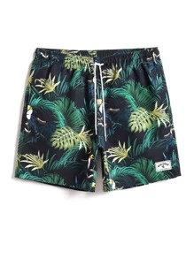 Surfspeed Men Tropical Print Letter Patched Detail Drawstring Waist Swim Trunks