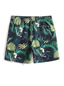 Surfspeed Men Tropical Print Letter Patched Detail Drawstring Waist Swim Trunks