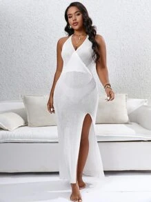 Plus Split Thigh Halter Neck Backless Cover Up Dress Without Bikini Bottom - White - View 1