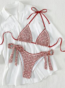 Allover Print Halter Triangle Tie Side Summer Beach Bikini Set