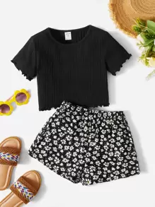 SHEIN T-Shirt mit Salatbesatz für junge Mädchen und Shorts mit Blümchenmuster und Blumenmuster