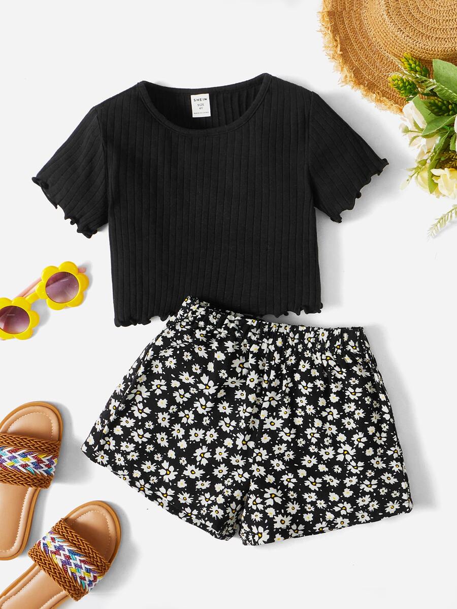 SHEIN Áo thun bé gái màu xà lách & quần short in hoa Ditsy - màu đen - Xem 1