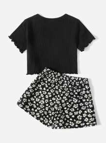 SHEIN T-Shirt mit Salatbesatz für junge Mädchen und Shorts mit Blümchenmuster und Blumenmuster