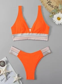 Conjunto de bikini para verano en la playa con cinta de rayas naranjas neón - Naranja - Ver 6