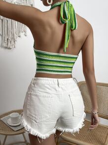 SHEIN VCAY Áo dệt kim nữ Buộc lại Lộ Lưng Sọc Gợi cảm - màu xanh lá - Xem 2