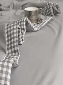 1pc Gray Quilt, Fabric Contrast Gingham Binding Label Decor Bedspread For Home - Grey - View 5