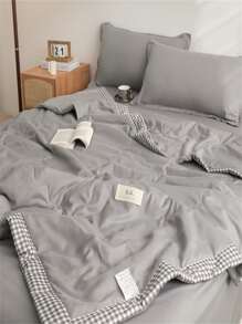 1pc Gray Quilt, Fabric Contrast Gingham Binding Label Decor Bedspread For Home - Grey - View 8