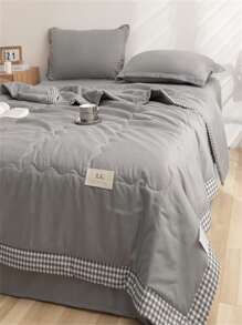 1pc Gray Quilt, Fabric Contrast Gingham Binding Label Decor Bedspread For Home - Grey - View 9