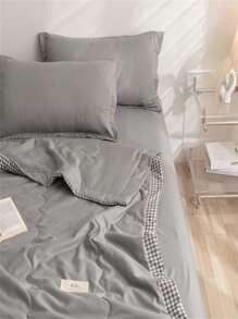 1pc Gray Quilt, Fabric Contrast Gingham Binding Label Decor Bedspread For Home - Grey - View 10