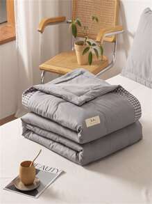 1pc Gray Quilt, Fabric Contrast Gingham Binding Label Decor Bedspread For Home - Grey - View 11