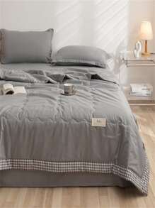 1pc Gray Quilt, Fabric Contrast Gingham Binding Label Decor Bedspread For Home - Grey - View 12