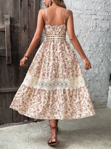 Breezaya Floral Print Guipure Lace Insert Cami Dress - Apricot - View 2