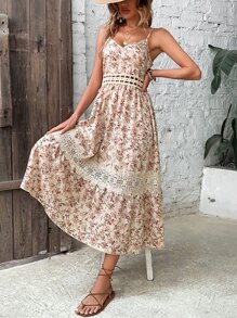 Breezaya Floral Print Guipure Lace Insert Cami Dress - Apricot - View 3