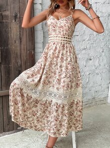 Breezaya Floral Print Guipure Lace Insert Cami Dress - Apricot - View 4