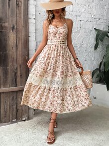 Breezaya Floral Print Guipure Lace Insert Cami Dress - Apricot - View 5