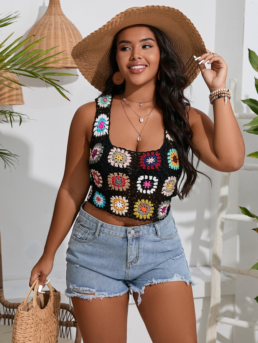 Sunnyshic Plus Floral Crop Knit Top - Black - View 1