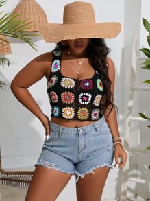 Sunnyshic Plus Floral Crop Knit Top - Black - View 4