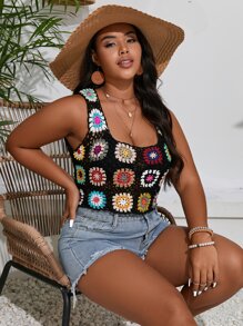 Sunnyshic Plus Floral Crop Knit Top - Black - View 5