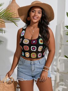 Sunnyshic Plus Floral Crop Knit Top - Black - View 6