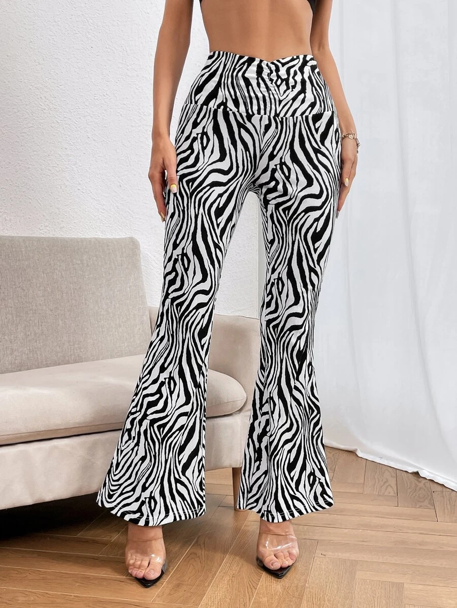 SHEIN Privé 斑馬條紋喇叭褲 - 黑與白 - 查看 1