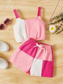SHEIN Cô Gái Trẻ Khối màu Cami ngọn & Nút eo Quần short - Màu Hồng baby - Xem 2