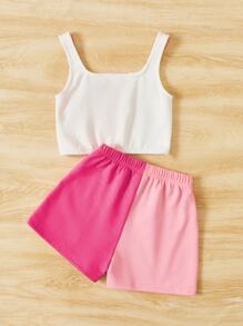 SHEIN Cô Gái Trẻ Khối màu Cami ngọn & Nút eo Quần short - Màu Hồng baby - Xem 3