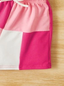 SHEIN Cô Gái Trẻ Khối màu Cami ngọn & Nút eo Quần short - Màu Hồng baby - Xem 4