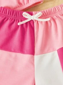 SHEIN Cô Gái Trẻ Khối màu Cami ngọn & Nút eo Quần short - Màu Hồng baby - Xem 5