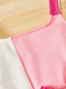 SHEIN Cô Gái Trẻ Khối màu Cami ngọn & Nút eo Quần short - Màu Hồng baby - Xem 6