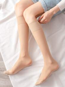 2pairs Solid Over The Calf Socks, Cozy - Apricot - View 1