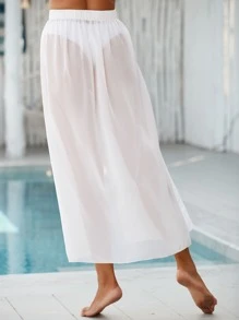 SHEIN Swim 素色高衩罩衫長褲不帶內褲 - 白色 - 查看 2