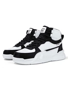 運動板鞋適用於男孩雙色字母貼飾高幫前綁帶運動鞋