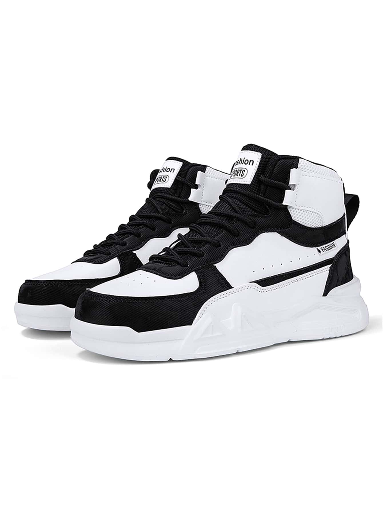 運動板鞋適用於男孩雙色字母貼飾高幫前綁帶運動鞋