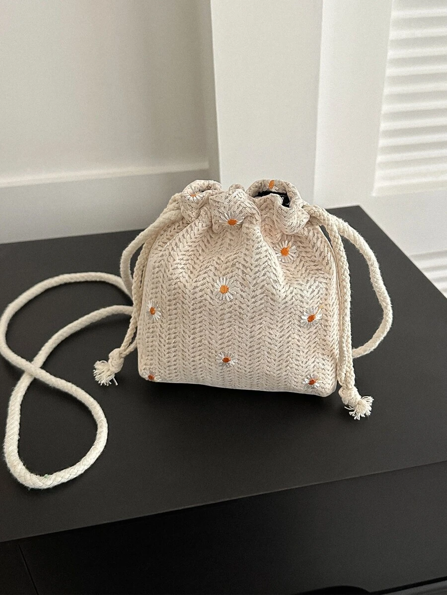 迷你花卉刺繡抽繩設計草編包