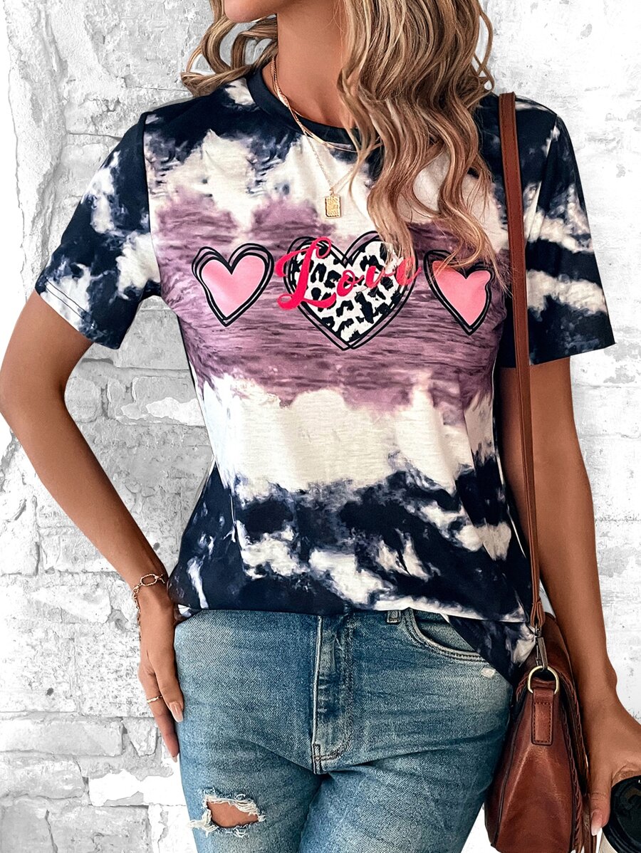 EMERY ROSE Tie Dye Heart Print Tee - Multicolor - View 1