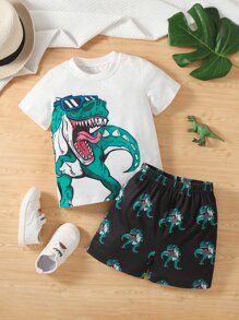 SHEIN Chàng trai trẻ In Khủng long Áo thun & quần đùi - Đen và trắng - Xem 1
