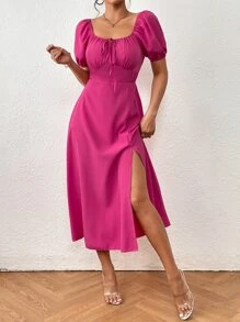 Chiquease 前繫帶泡泡袖前打結高衩連衣裙 - 玫紅色 - 查看 6