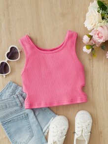 SHEIN Niñas Top tank con abertura lateral tejido de canalé - Rosa - Ver 1