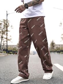 Manfinity EMRG 男士字母印花寬鬆牛仔褲 - 咖啡棕 - 查看 1