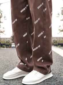 Manfinity EMRG 男士字母印花寬鬆牛仔褲 - 咖啡棕 - 查看 4