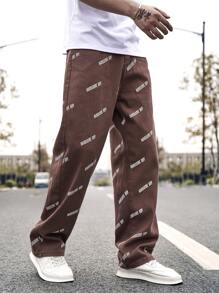 Manfinity EMRG 男士字母印花寬鬆牛仔褲 - 咖啡棕 - 查看 5