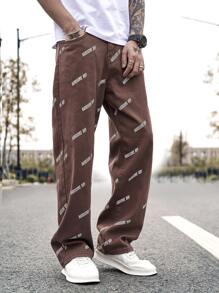 Manfinity EMRG 男士字母印花寬鬆牛仔褲 - 咖啡棕 - 查看 6