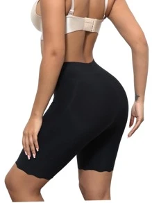 High Waisted Scallop Trim Shapewear Shorts - Black - View 2